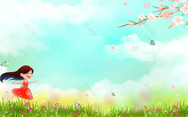 蓝色天空春天小女孩奔跑赏花宣传背景,插画/手绘图,插画/手绘图库,插画/手绘图下载,插画/手绘